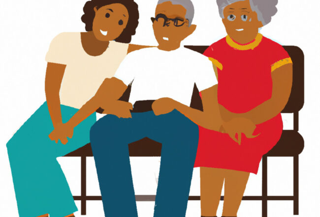 An illustration of three people sitting closely on a bench, showing a sense of togetherness and family.