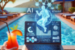 Laptop displaying futuristic retirement and AI technology graphics by a poolside, with a tropical cocktail in view.