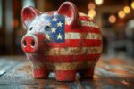 A piggy bank painted with the American flag, featuring stars and stripes. It symbolizes financial saving or investment in the United States.