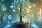 A tree growing from a stack of coins, surrounded by digital symbols and graphs, representing the concept of financial growth and technology integration.