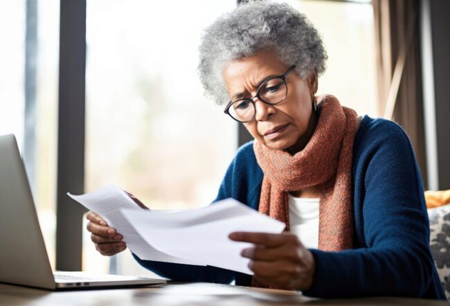 A person with gray hair and glasses, wearing a scarf and sweater, is seated indoors, looking at documents with a thoughtful expression. A laptop is open in front of them.