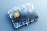 A credit card covered in ice and icicles, suggesting it is frozen or inactive, against a light blue background.