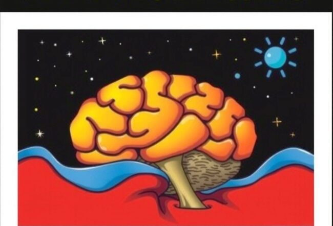 An illustration of a brain on a colorful landscape with stars and a sun, framed by the question "Will humans live forever?" in bold yellow text.