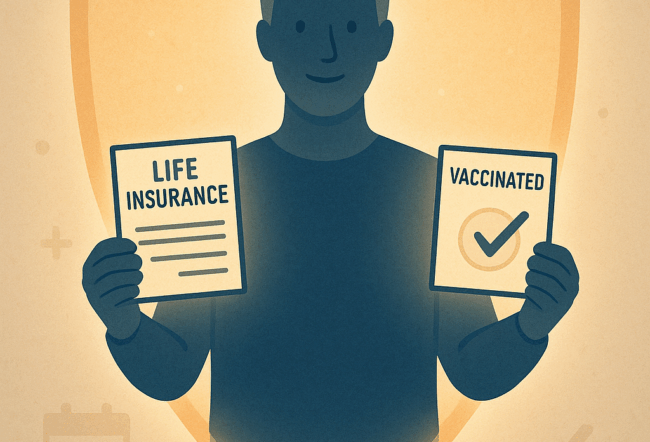 A person holding documents labeled "Life Insurance" and "Vaccinated" with a large shield in the background, representing protection and security.