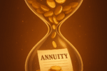 An hourglass filled with coins and labeled “Annuity” symbolizing the passage of time and accumulation of financial wealth.
