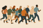 Illustration of a diverse group of people jogging in a side view. They wear casual clothing and are depicted in motion, suggesting community exercise or a group activity.