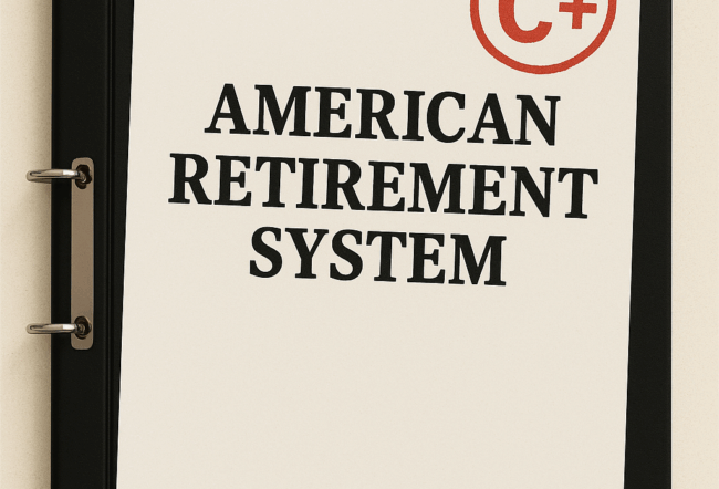 A report with the title "American Retirement System" and a C+ grade in red, inside a black binder.
