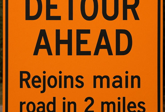 A road sign reading "Detour Ahead, Rejoins main road in 2 miles" on an orange background.