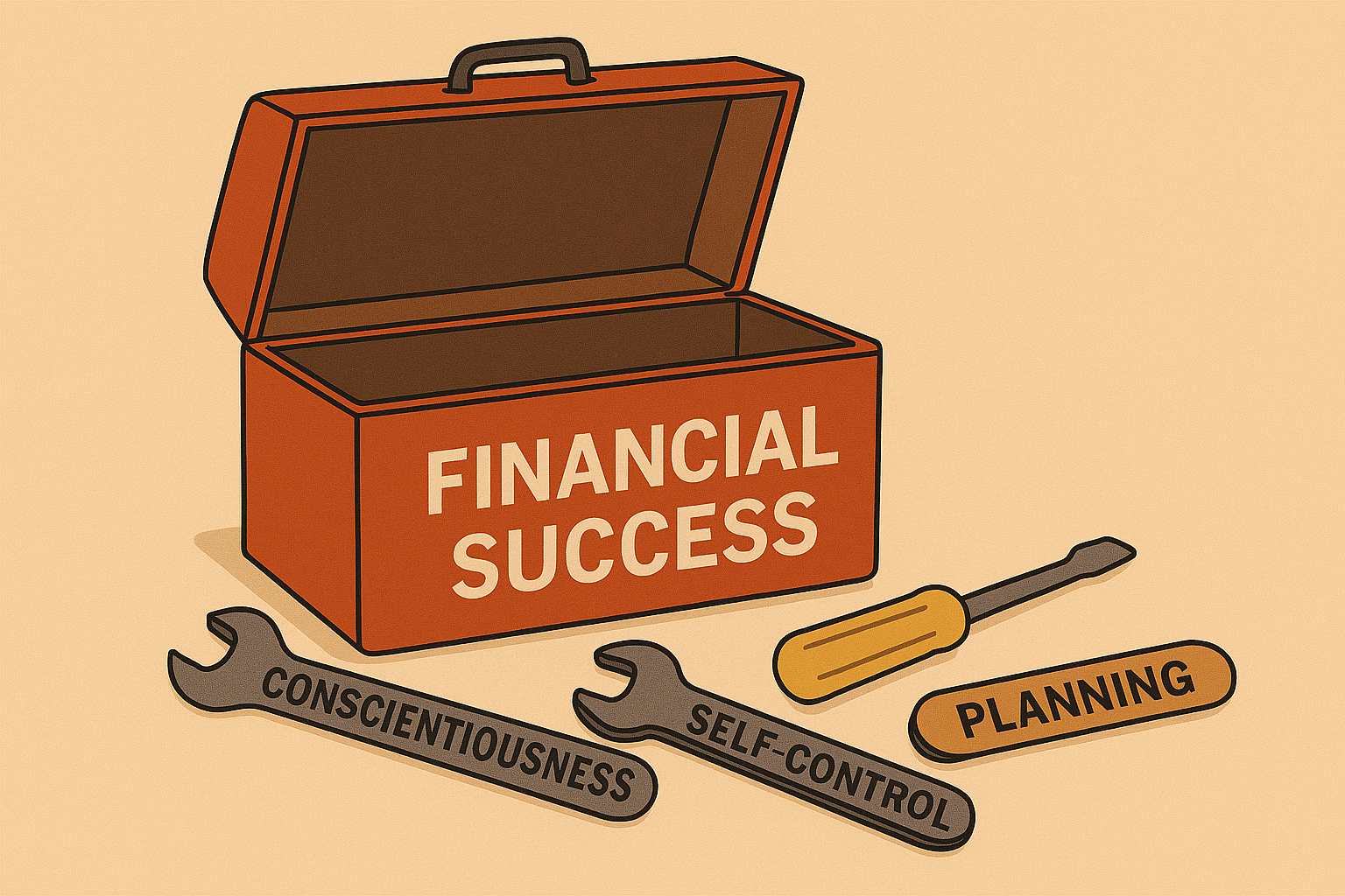 An illustration of an open toolbox labeled "Financial Success" with tools labeled "Conscientiousness," "Self-Control," and "Planning" nearby, symbolizing key traits for financial success.