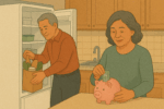 An illustration of an older couple in a kitchen. One person is placing groceries into a fridge, while the other is putting money into a pink piggy bank.