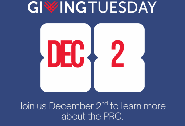 A blue graphic featuring the text "Giving Tuesday" with a calendar showing "Dec 2", promoting an event to learn more about the PRC.