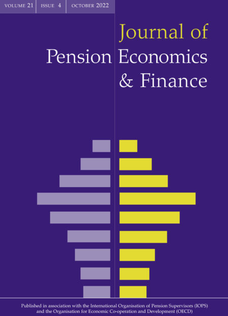 Cover of the "Journal of Pension Economics & Finance" from October 2022, featuring a bar chart design in purple and yellow.