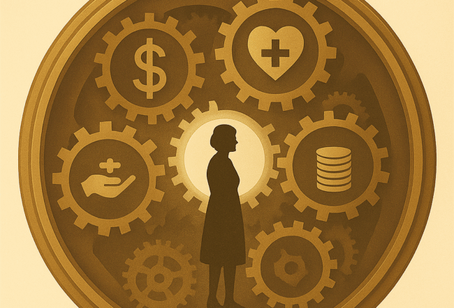 Silhouette of a person inside a pocket watch surrounded by gears with symbols for currency, health, writing, and data, signifying time management and balance.