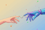 A human hand and a robotic hand reaching towards each other, reminiscent of Michelangelo's "The Creation of Adam," symbolizing human-technology connection.